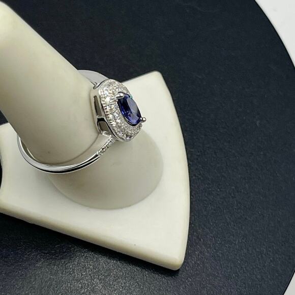 Sterling Silver Marquise Iolite CZ Double Halo Ring Size 8.75 Vintage Style - Picture 4 of 10